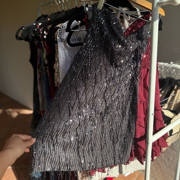 Sequin Fringe Charcoal Strapless Mini Dress (Size S) - Picture 4 of 16